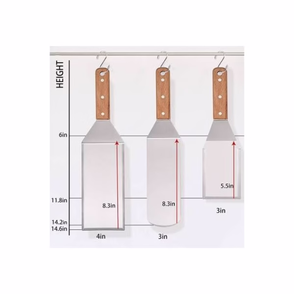 Set 3 spatule pentru gratar Flippy, din metal, margini subtiri, suprafata antiaderenta, rezistente la temperaturi ridicate, maner ergonomic din lemn, 3 forme, agatatoare, gri - imagine 7