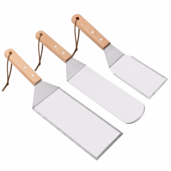 Set 3 spatule pentru gratar Flippy, din metal, margini subtiri, suprafata antiaderenta, rezistente la temperaturi ridicate, maner ergonomic din lemn, 3 forme, agatatoare, gri - imagine 1