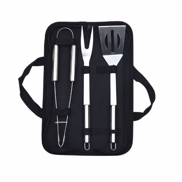 Set 3 Ustensile pentru Gratar, Flippy, din Otel Inoxidabil, Geanta Oxford, Argintiu - imagine 1