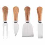 Set 4 cutite pentru branza Flippy, din otel inoxidabil, maner din lemn de salcam, pentru branza sau unt, 15 x 6.3 x 3 cm, argintiu