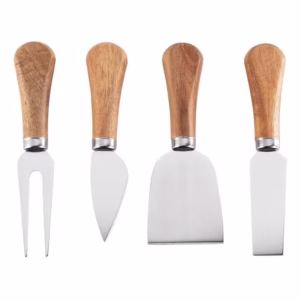 Set 4 cutite pentru branza Flippy, din otel inoxidabil, maner din lemn de salcam, pentru branza sau unt, 15 x 6.3 x 3 cm, argintiu