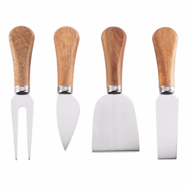 Set 4 cutite pentru branza Flippy, din otel inoxidabil, maner din lemn de salcam, pentru branza sau unt, 15 x 6.3 x 3 cm, argintiu - imagine 1