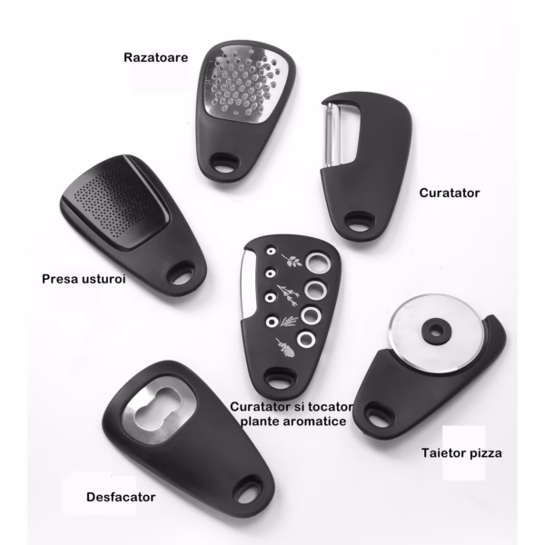 Set 6 in 1 mini ustensile bucatarie Flippy, taietor pizza, cutit, curatator, razatoare, desfacator, presa usturoi, manere din ABS, lame ascutite din otel inoxidabil, 7.1 x 12.9 x 4.8 cm,  negru - imagine 4