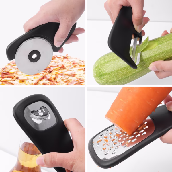Set 6 in 1 mini ustensile bucatarie Flippy, taietor pizza, cutit, curatator, razatoare, desfacator, presa usturoi, manere din ABS, lame ascutite din otel inoxidabil, 7.1 x 12.9 x 4.8 cm,  negru - imagine 12