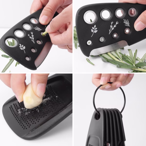 Set 6 in 1 mini ustensile bucatarie Flippy, taietor pizza, cutit, curatator, razatoare, desfacator, presa usturoi, manere din ABS, lame ascutite din otel inoxidabil, 7.1 x 12.9 x 4.8 cm,  negru - imagine 13