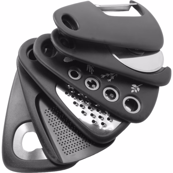 Set 6 in 1 mini ustensile bucatarie Flippy, taietor pizza, cutit, curatator, razatoare, desfacator, presa usturoi, manere din ABS, lame ascutite din otel inoxidabil, 7.1 x 12.9 x 4.8 cm,  negru - imagine 1