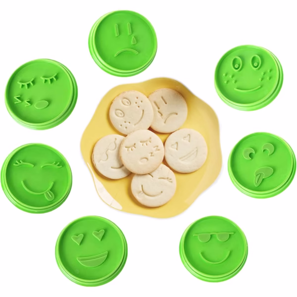 Set 7 Forme de Prajituri, Flippy, Model Emoticoane Smiley Face, Diferite Expresii, 7.7 x 1.5 cm, din PP, Verde - imagine 5