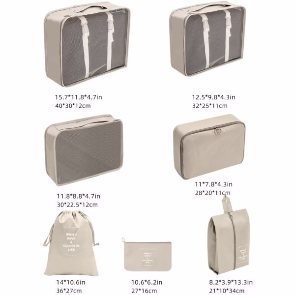Set 7 Genti de Calatorie, Flippy, pentru Depozitare, Compresibile, 7 Dimensiuni, Impermeabile, Design cu Plasa, Pliabile, Manere Robuste, Fermoar dublu, Bej - imagine 3
