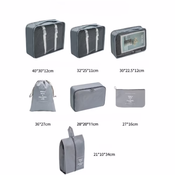 Set 7 Genti de Calatorie, Flippy, pentru Depozitare, Compresibile, 7 Dimensiuni, Impermeabile, Design cu Plasa, Pliabile, Manere Robuste, Fermoar dublu, Gri - imagine 6
