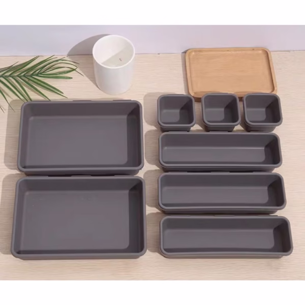 Set 8 cutii depozitare, pentru sertar, cosmetice, ustensile bucatarie, textile, plastic, gri, Flippy, 23.5 x 16 cm - imagine 5