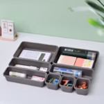 Set 8 cutii depozitare, pentru sertar, cosmetice, ustensile bucatarie, textile, plastic, gri, Flippy, 23.5 x 16 cm