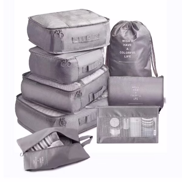 set-8-huse-organizare-bagaj-flippy-gri-main-647357995812b Set 8 huse organizare bagaj Flippy, material poliester, impermeabil, cu fermoar, pentru calatorii sau dulap, sac pentru pantofi inclus, pliabil, gri - imagine 1
