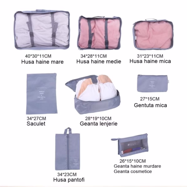 Set 8 huse organizare bagaj Flippy, material poliester, impermeabil, cu fermoar, pentru calatorii sau dulap, sac pentru pantofi inclus, pliabil, gri - imagine 2