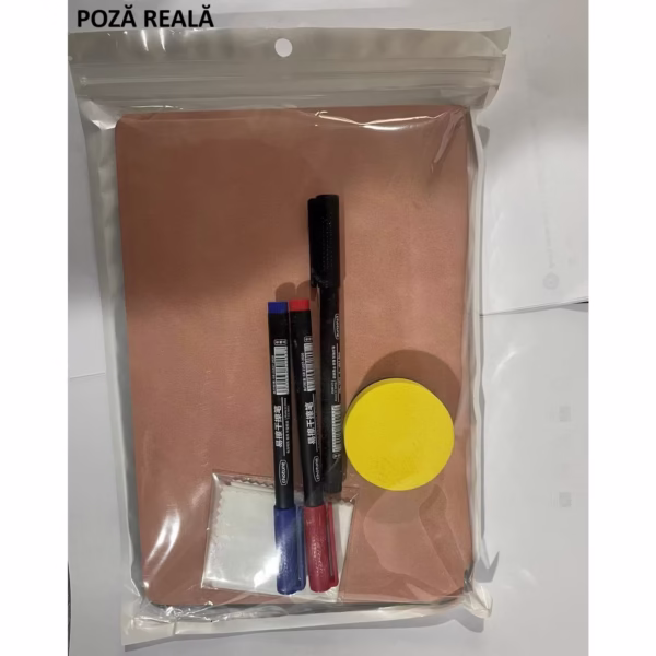 Set Agenda A5 Reutilizabila cu Pagini Tip Tabla, Agenda Pagini Albe cu Stergere Uscata, 3 Markere, 1 Burete și 1 Laveta de sters, Portabila, 24 x 16.5 cm, Coperta Piele, Roz Pal - imagine 6