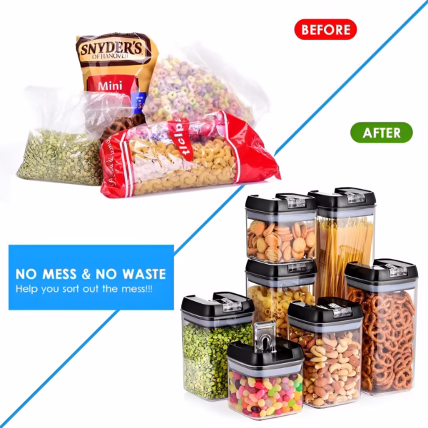 Set Cutii de Depozitare a Alimentelor, Flippy, 7 Recipiente, 10 Etichete Reutilizabile, 4 Linguri, pentru Bucatarie, Spatula, Etansare, Fara BPA, Transparente, Capac Negru - imagine 5