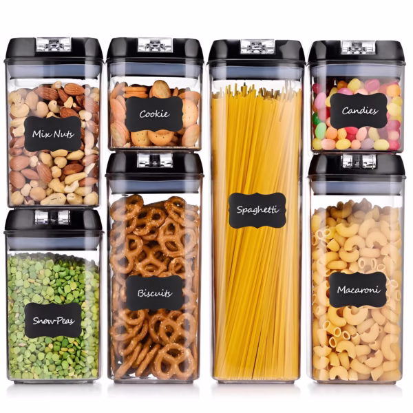 Set Cutii de Depozitare a Alimentelor, Flippy, 7 Recipiente, 10 Etichete Reutilizabile, 4 Linguri, pentru Bucatarie, Spatula, Etansare, Fara BPA, Transparente, Capac Negru - imagine 7
