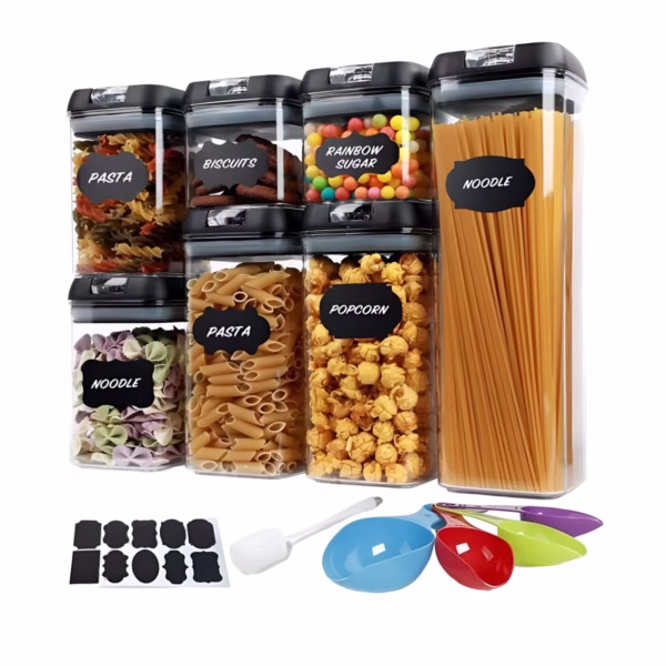 Set Cutii de Depozitare a Alimentelor, Flippy, 7 Recipiente, 10 Etichete Reutilizabile, 4 Linguri, pentru Bucatarie, Spatula, Etansare, Fara BPA, Transparente, Capac Negru - imagine 1