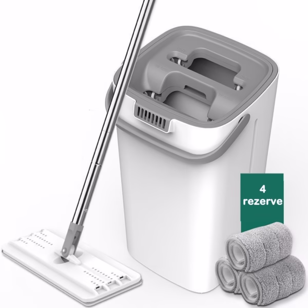 Set de curatenie Flippy, mop si galeata, galeata 5.7 l, 4 rezerve microfibra incluse, design modern, pentru interior, material plastic, peri sintetici, plat, cu storcere, alb - imagine 8