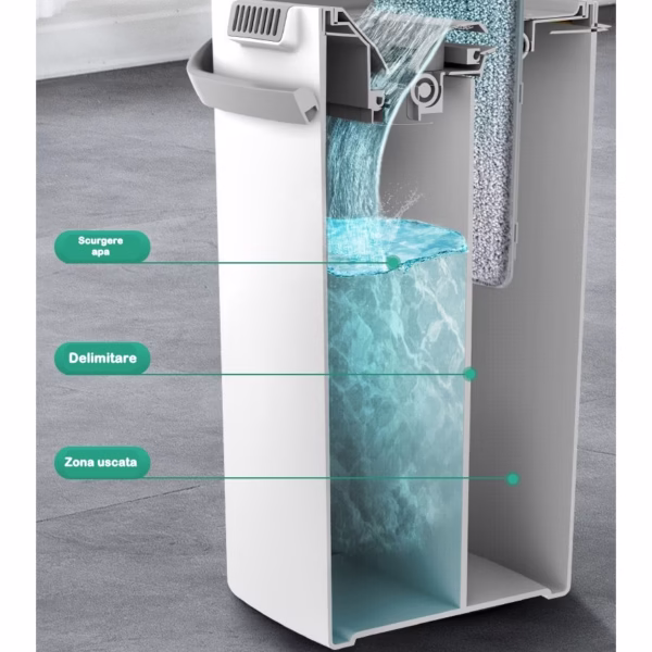 Set de curatenie Flippy, mop si galeata, galeata 5.7 l, 4 rezerve microfibra incluse, design modern, pentru interior, material plastic, peri sintetici, plat, cu storcere, alb - imagine 9