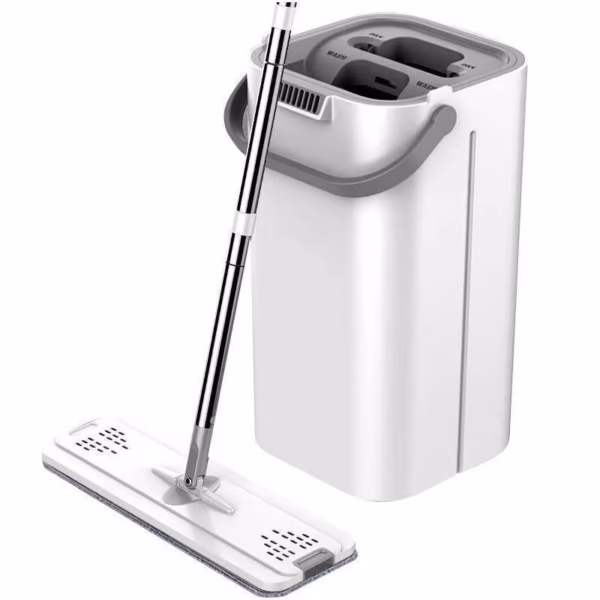 Set de curatenie Flippy, mop si galeata, galeata 5.7 l, 4 rezerve microfibra incluse, design modern, pentru interior, material plastic, peri sintetici, plat, cu storcere, alb - imagine 1