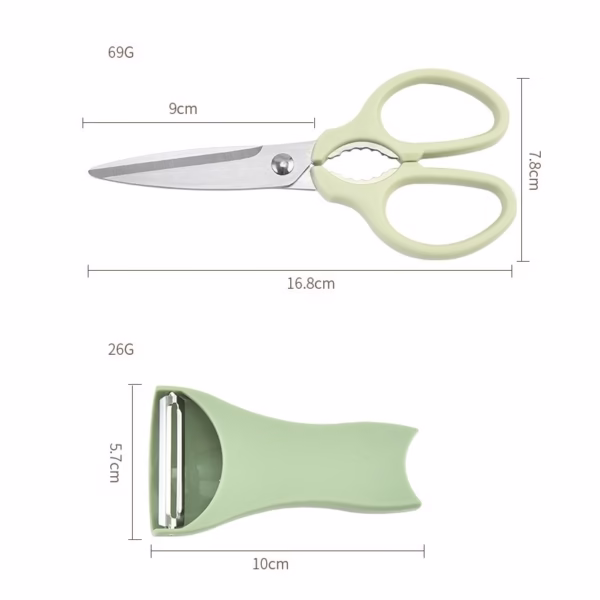Set foarfeca pentru bucatarie Flippy, curatator legume tip suport, multifunctional, spargator nuci, material ABS si otel inoxidabil, maner ergonomic, 16.8 x 7.8 x 1 cm, verde - imagine 3