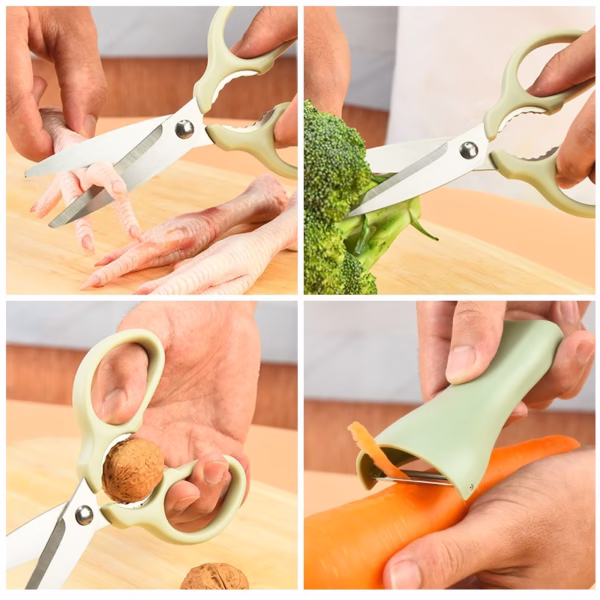 Set foarfeca pentru bucatarie Flippy, curatator legume tip suport, multifunctional, spargator nuci, material ABS si otel inoxidabil, maner ergonomic, 16.8 x 7.8 x 1 cm, verde - imagine 8