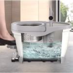 Set Galeata cu Pedala si Mop Rotativ 360°, Flippy, Cu Actiune Centrifuga x4, Pentru Uz Casnic, Maner din Otel Inoxidabil Telescopic, 2 Capte din Bumbac, 46x30x28 cm, Alb Ivoir - imagine 3