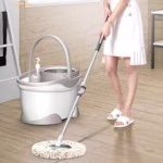Set Galeata si Mop Rotativ 360°, Flippy, Cu Dubla Actiune Centrifuga, Pentru Uz Casnic, Maner din Otel Inoxidabil Telescopic, 2 Capte din Bumbac, 46x27x29 cm, Alb - imagine 4