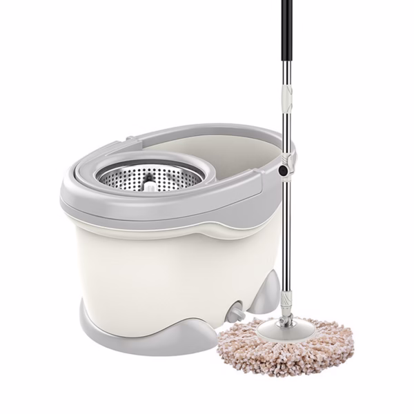 Set Galeata si Mop Rotativ 360°, Flippy, Cu Dubla Actiune Centrifuga, Pentru Uz Casnic, Maner din Otel Inoxidabil Telescopic, 2 Capte din Bumbac, 46x27x29 cm, Alb - imagine 9