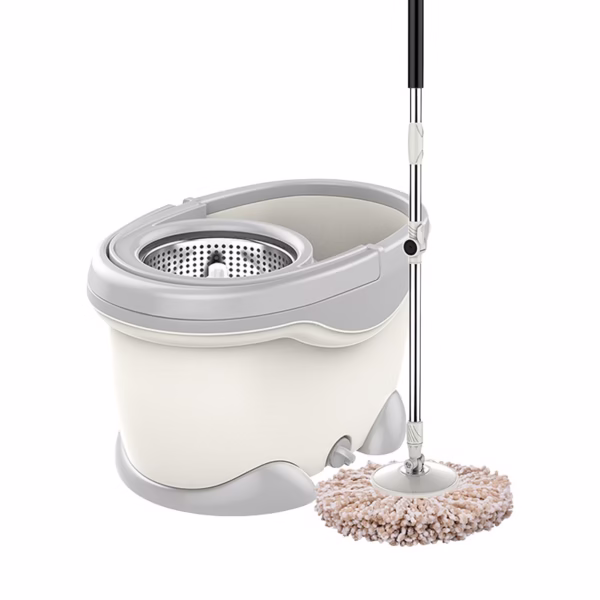 Set Galeata si Mop Rotativ 360°, Flippy, Cu Dubla Actiune Centrifuga, Pentru Uz Casnic, Maner din Otel Inoxidabil Telescopic, 2 Capte din Bumbac, 46x27x29 cm, Alb - imagine 1