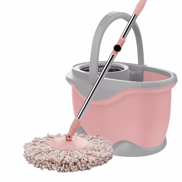 Set Galeata si Mop Rotativ 360°, Flippy, Cu Dubla Actiune Centrifuga, Pentru Uz Casnic, Maner din Otel Inoxidabil Telescopic, 2 Capte din Bumbac, 46x27x29 cm, Roz - imagine 1