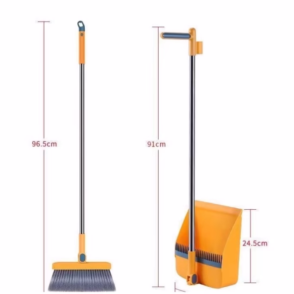 Set Mătură și Făraș cu Coadă Detașabilă, Rotativ și Pliabil, cu Dinți de Curățare, Oțel Inoxidabil, Portocaliu - imagine 2