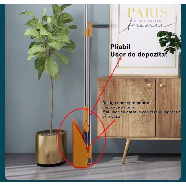 Set Mătură și Făraș cu Coadă Detașabilă, Rotativ și Pliabil, cu Dinți de Curățare, Oțel Inoxidabil, Portocaliu - imagine 3