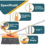 Set Mătură și Făraș cu Coadă Detașabilă, Rotativ și Pliabil, cu Dinți de Curățare, Oțel Inoxidabil, Portocaliu - imagine 4