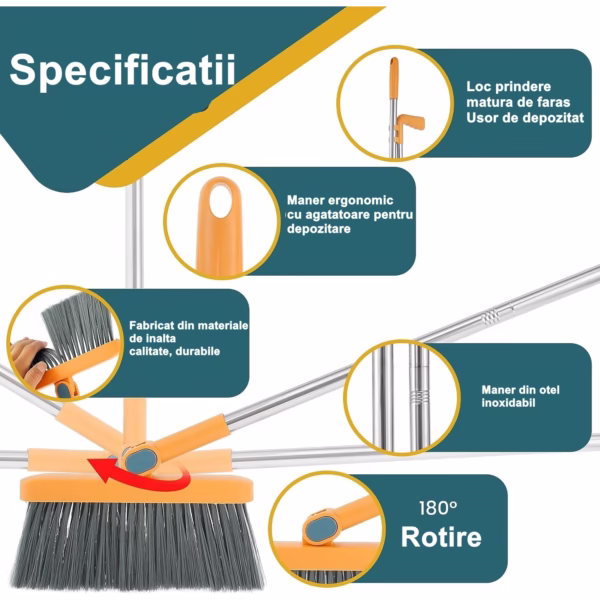 Set Mătură și Făraș cu Coadă Detașabilă, Rotativ și Pliabil, cu Dinți de Curățare, Oțel Inoxidabil, Portocaliu - imagine 4