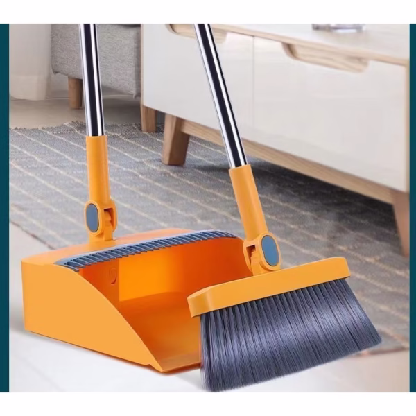 Set Mătură și Făraș cu Coadă Detașabilă, Rotativ și Pliabil, cu Dinți de Curățare, Oțel Inoxidabil, Portocaliu - imagine 5