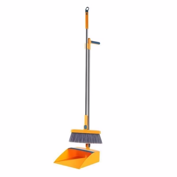 Set Mătură și Făraș cu Coadă Detașabilă, Rotativ și Pliabil, cu Dinți de Curățare, Oțel Inoxidabil, Portocaliu - imagine 1