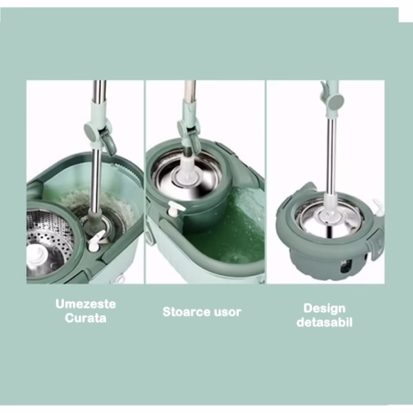 Set mop rotativ cu galeata Flippy, material plastic si microfibra, o rezerva inclusa, rezistent, cu dop scurgere, vas detasabil, orificiu pentru solutie, pentru interior, capacitate 8 l, verde - imagine 2
