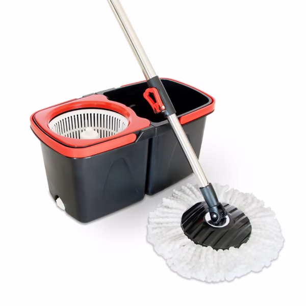 Set Mop Rotativ cu Găleată 8 L pentru Interior, Microfibră și Plastic, cu Dop de Scurgere, Vas Detașabil, Negru/Roșu - imagine 5