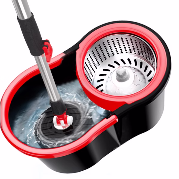 Set Mop Rotativ cu Găleată 8 L pentru Interior, Microfibră și Plastic, cu Dop de Scurgere, Vas Detașabil, Negru/Roșu - imagine 6