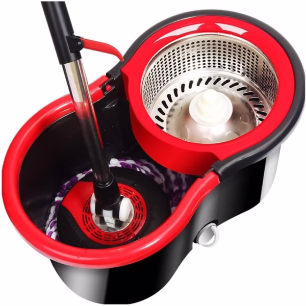 Set Mop Rotativ cu Găleată 8 L pentru Interior, Microfibră și Plastic, cu Dop de Scurgere, Vas Detașabil, Negru/Roșu - imagine 7