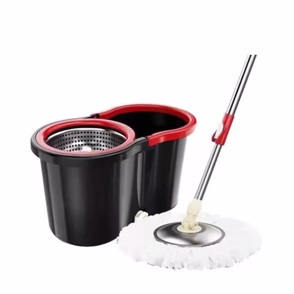 Set Mop Rotativ cu Găleată 8 L pentru Interior, Microfibră și Plastic, cu Dop de Scurgere, Vas Detașabil, Negru/Roșu - imagine 1