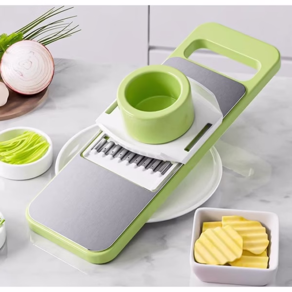 Set Multifunctional din 7 Piese, Flippy, pentru Taierea si Maruntirea Legumelor, Uz Casnic,din Otel Inoxidabil, Gri-Verde - imagine 3