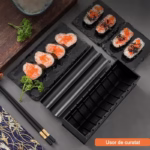 Set ustensile pentru facut sushi Flippy, 10 piese, forma inima inclus, 3 forme clasice, extensibil, finisaj lucios, material ABS, curatare usoara, negru - imagine 3