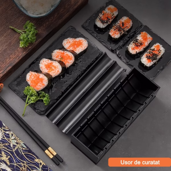 Set ustensile pentru facut sushi Flippy, 10 piese, forma inima inclus, 3 forme clasice, extensibil, finisaj lucios, material ABS, curatare usoara, negru - imagine 3