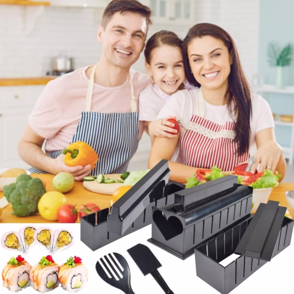 Set ustensile pentru facut sushi Flippy, 10 piese, forma inima inclus, 3 forme clasice, extensibil, finisaj lucios, material ABS, curatare usoara, negru - imagine 4