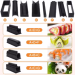 Set ustensile pentru facut sushi Flippy, 10 piese, forma inima inclus, 3 forme clasice, extensibil, finisaj lucios, material ABS, curatare usoara, negru - imagine 5