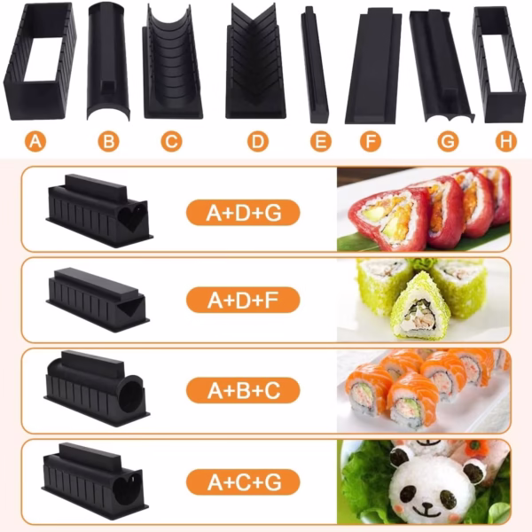 Set ustensile pentru facut sushi Flippy, 10 piese, forma inima inclus, 3 forme clasice, extensibil, finisaj lucios, material ABS, curatare usoara, negru - imagine 5