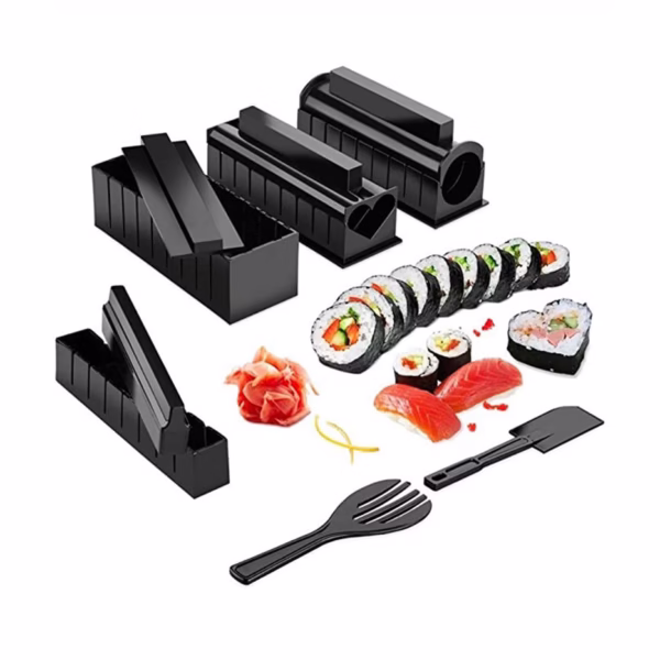 Set ustensile pentru facut sushi Flippy, 10 piese, forma inima inclus, 3 forme clasice, extensibil, finisaj lucios, material ABS, curatare usoara, negru - imagine 7