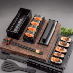Set ustensile pentru facut sushi Flippy, 10 piese, forma inima inclus, 3 forme clasice, extensibil, finisaj lucios, material ABS, curatare usoara, negru - imagine 8